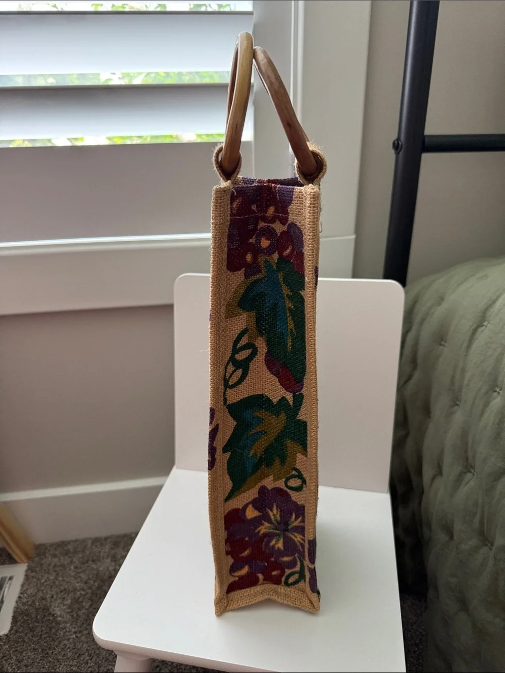 Hand-Painted Burlap Wine Tote with Wooden Handles -  reusable Grapes